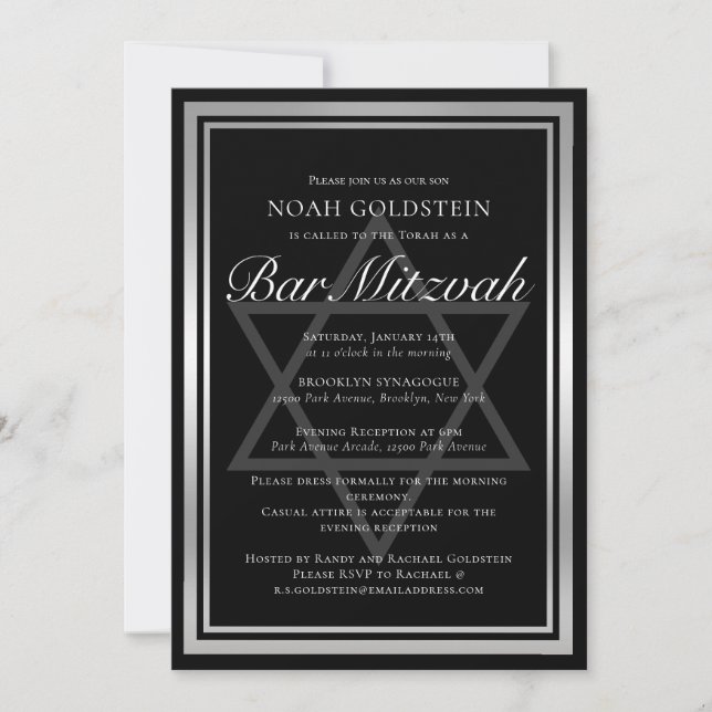 Sleek Silver Black Formal Bar Mitzvah Invitation (Front)