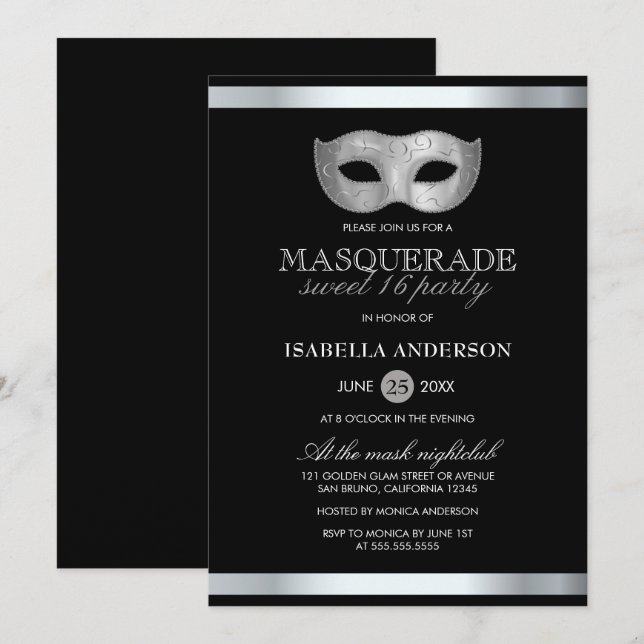 Sleek Silver & Black Masquerade Sweet 16 Party Invitation (Front/Back)