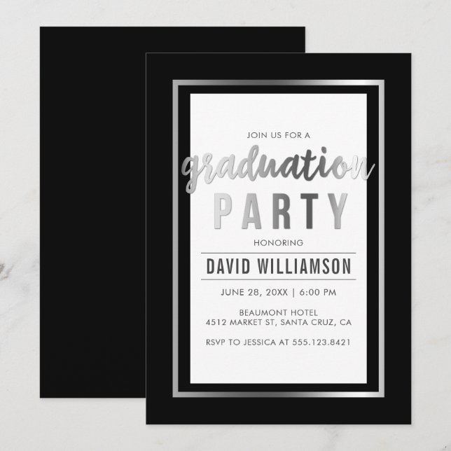 Sleek Silver & Black Typography Graduation Party Invitation (Front/Back)
