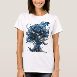 Sleek Silver BLUE ROSE Print T-Shirt