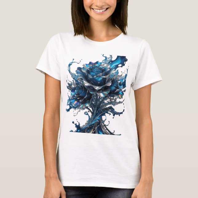Sleek Silver BLUE ROSE Print T-Shirt (Front)