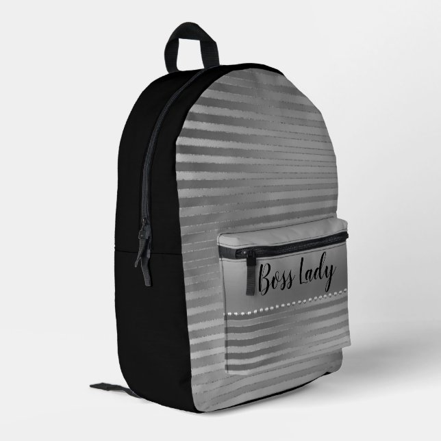 Sleek Silver Boss Lady Printed Backpack (Back Corner Left)