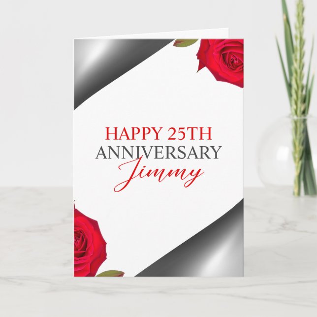 Sleek Silver Floral Husband 25th Anniversary Card (Front)