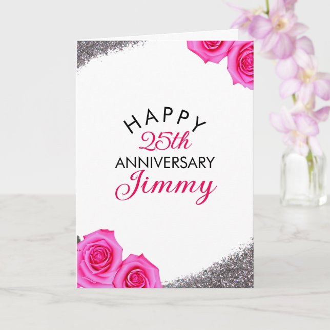 Sleek Silver Glitter Pink Rose Husband Anniversary Card (Orchid)