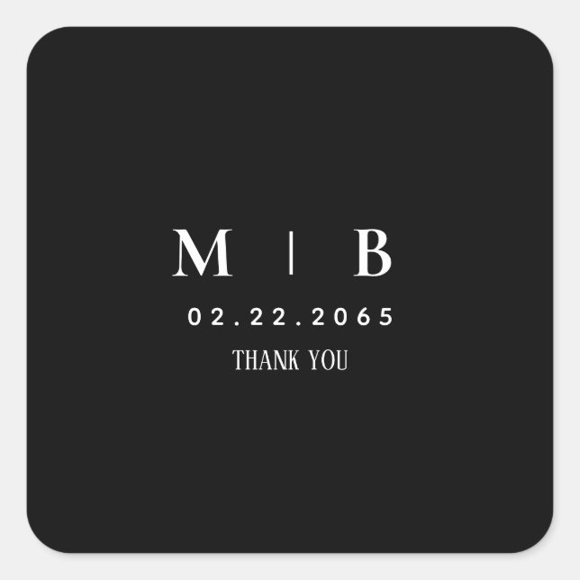 Sleek Simple B/W Monogram Thank You Square Sticker (Front)
