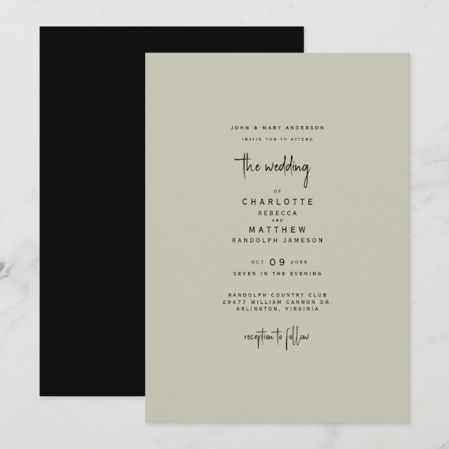 Sleek & Simple Bride Parents Khaki & Black Wedding Invitation (Front/Back)