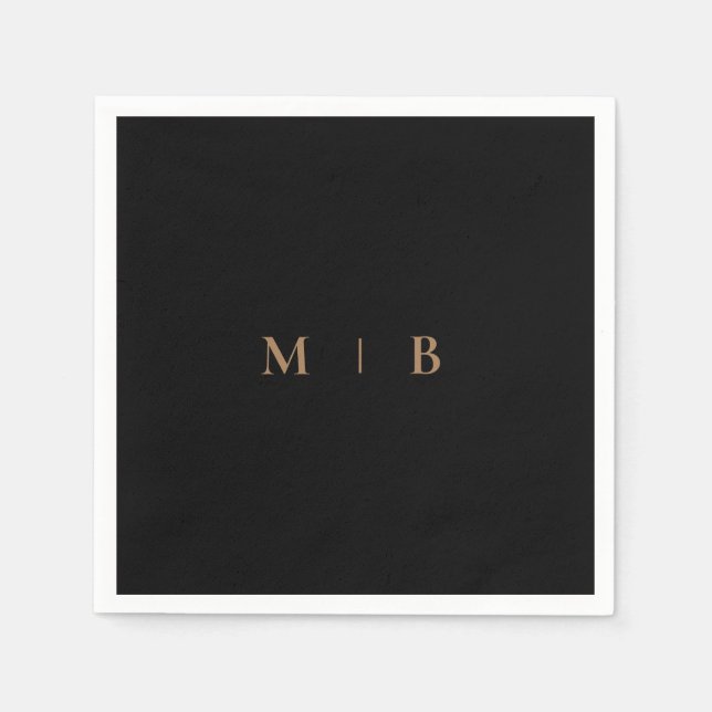 Sleek Simple Gold Monogram Black Cocktail Napkins (Front)