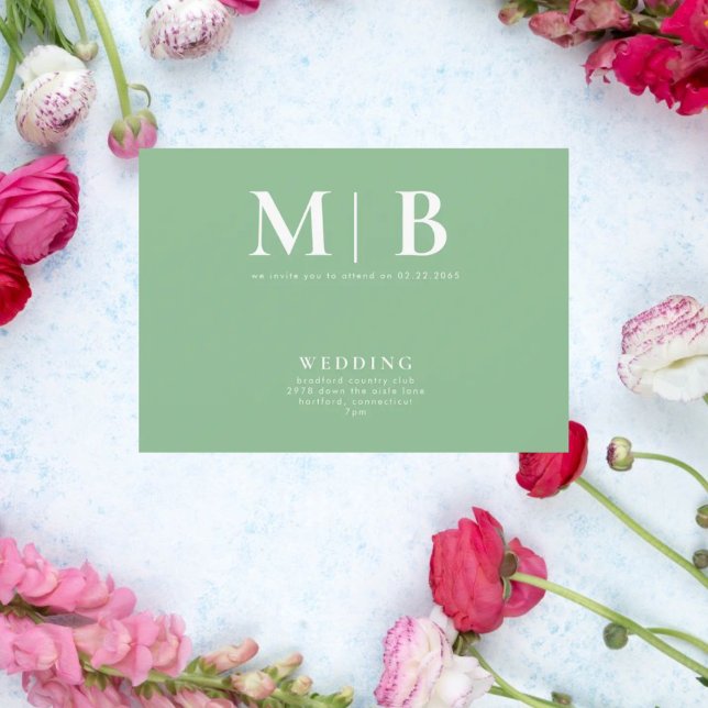 Sleek & Simple Monogram Green No Parents Invitation (Creator Uploaded)