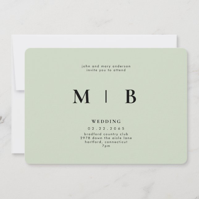 Sleek & Simple Monogram Sage Rounded Wedding Invitation (Front)