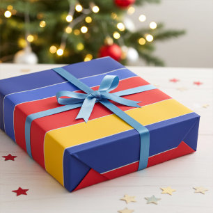Sleek, Stylish Red Blue Yellow and Silver Stripes Wrapping Paper