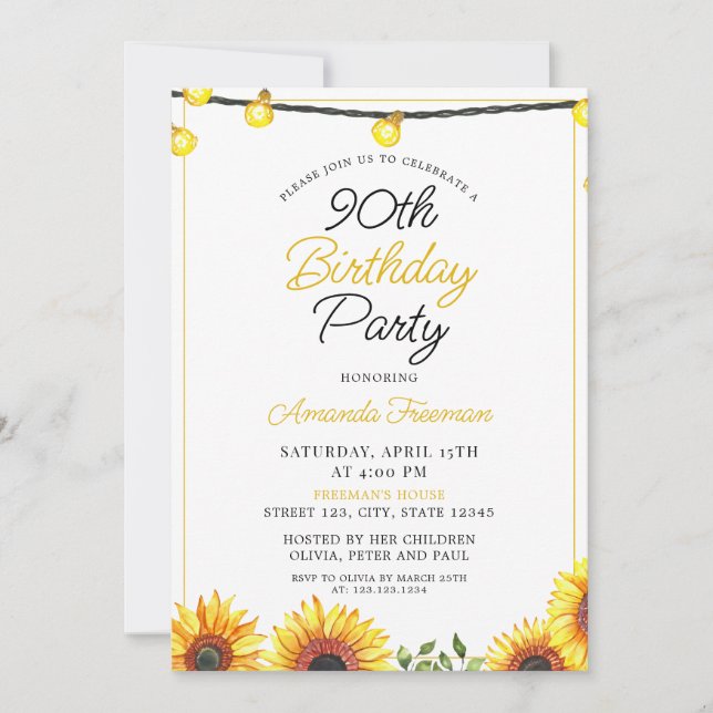 Sleek Sunflower 90th Birthday Invitation (Front)