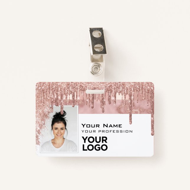 Sleek Trendy Glam Employee Photo Code Logo Name ID Badge (Front with Clip)