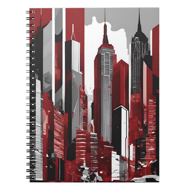 Sleek Urban Skyline Notebook – Bold Red, Black, an (Front)