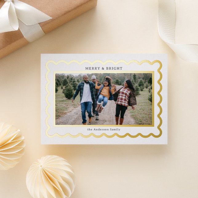 Sleek White and Gold Preppy Scallop Photo Frame Foil Holiday Card (A scalloped metallic foil frame gives your photo a preppy Kate spade vibe on modern white)