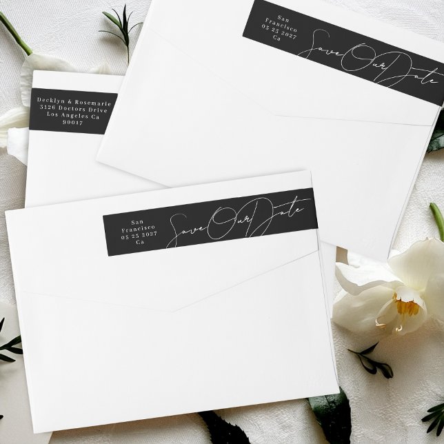 Sleek White on Black Save The Date Return Address Wrap Around Label (Creator Uploaded)