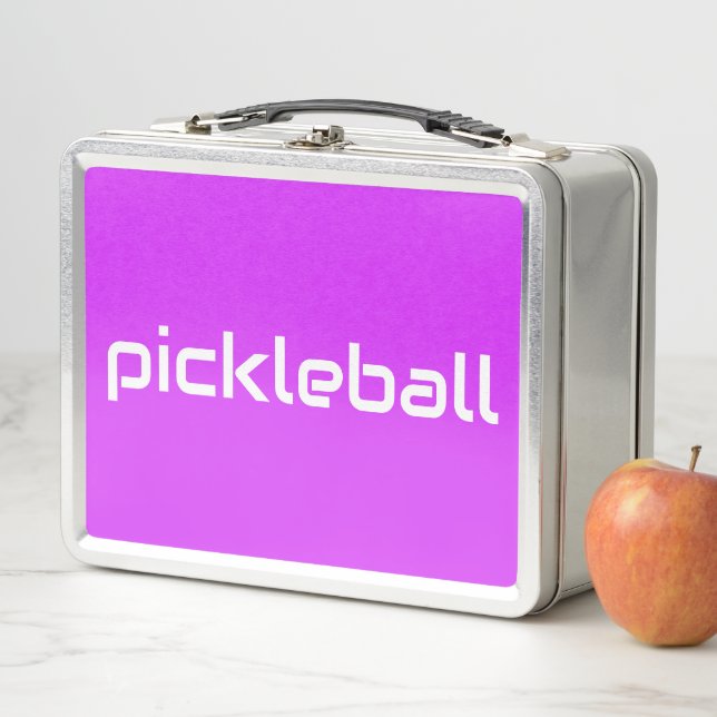 Sleek White PICKLEBALL On Bright Tropical Pink Metal Lunch Box (In Situ)
