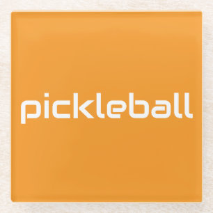 Sleek White PICKLEBALL Text On Bright Tangerine Glass Coaster
