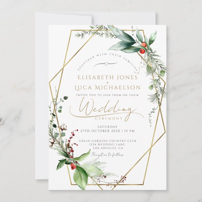 Sleek Winter Leaves Berry Gold Monogram Wedding Invitation (Front)