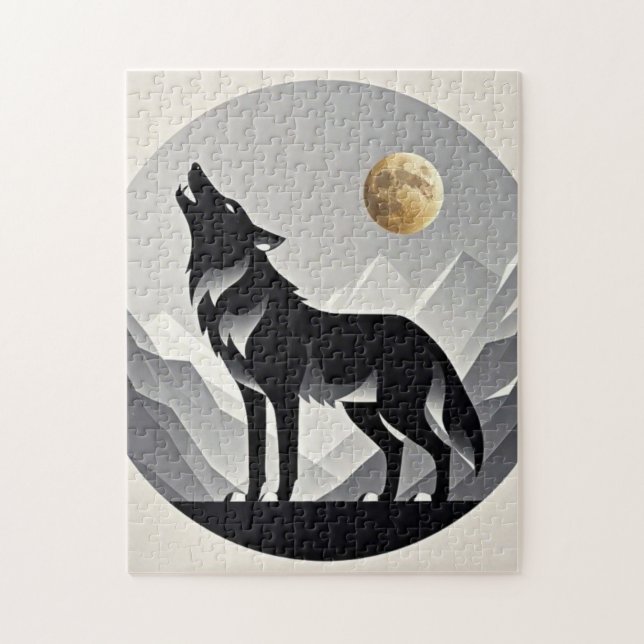 Sleek wolf silhouette black grey minimalist jigsaw puzzle (Vertical)