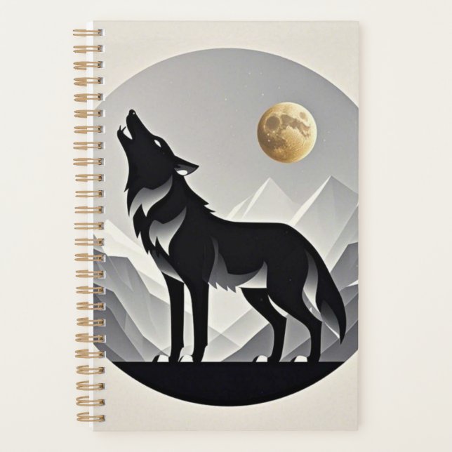 Sleek wolf silhouette black grey minimalist planner (Front)