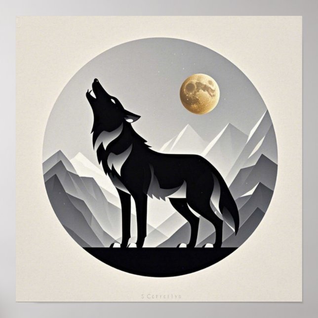 Sleek wolf silhouette black grey minimalist poster (Front)