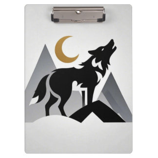 Sleek wolf silhouette howling crescent moon clipboard
