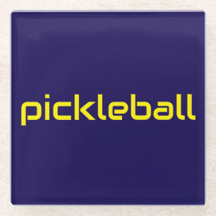 Sleek Yellow PICKLEBALL Text On Navy Blue Glass Coaster