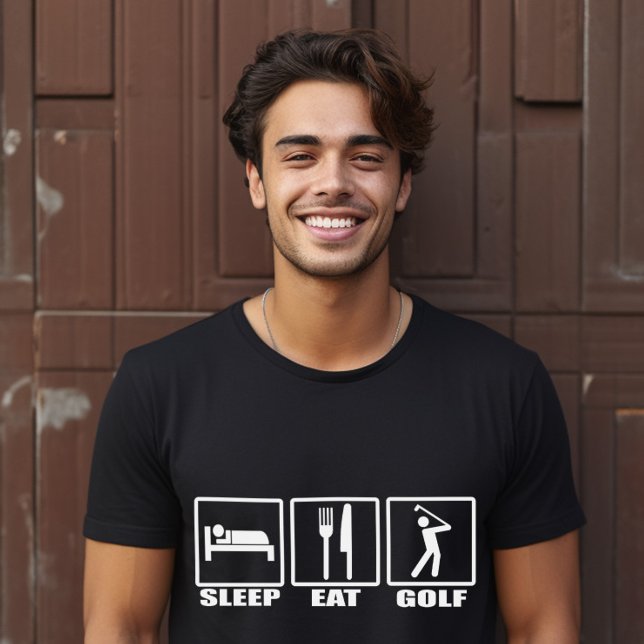 Sleep Eat and Golf Funny Golfer T-Shirt (The Eat Sleep Golf T-Shirt with road sign symbols for eat, sleep, and a golfer in action. )