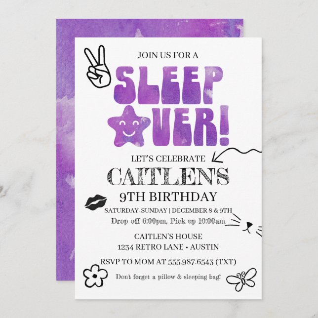 Sleep Over Birthday Party Retro Doodles Purple Invitation (Front/Back)