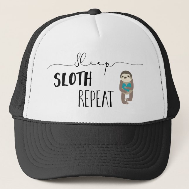 Sleep Sloth Repeat Teal Black White Trucker Hat (Front)