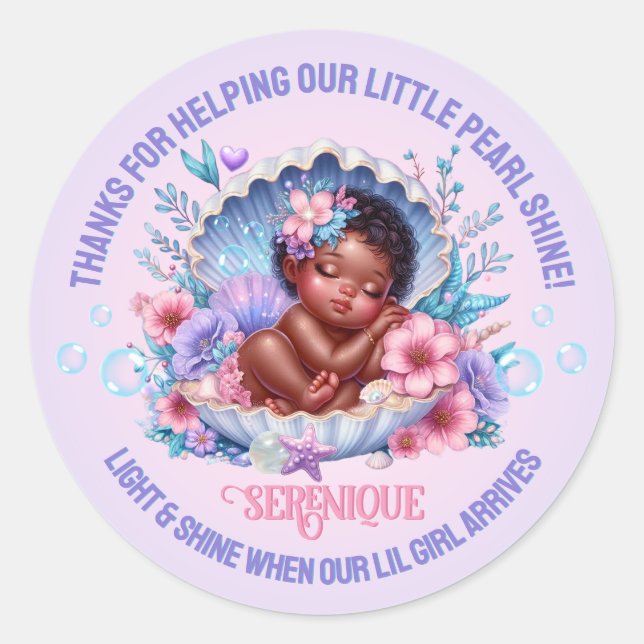 Sleeping African American Baby Girl Seashell Classic Round Sticker (Front)