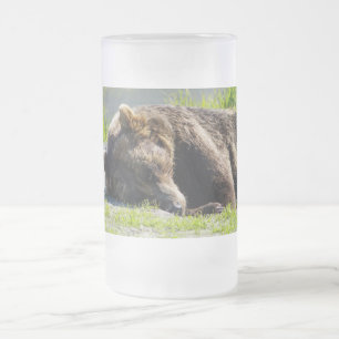 Sleeping Alaska Grizzly Bear Frosted Glass Beer Mug