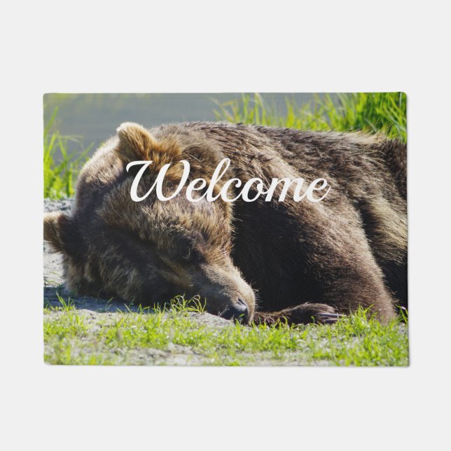 Sleeping Alaska Grizzly Bear Welcome Doormat (Front)