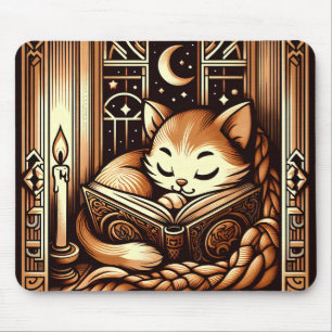 Sleeping Art Deco Style Cat With A Book Mouse Mat
