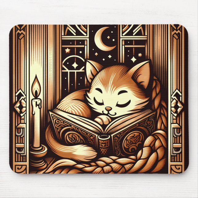 Sleeping Art Deco Style Cat With A Book Mouse Mat (Front)
