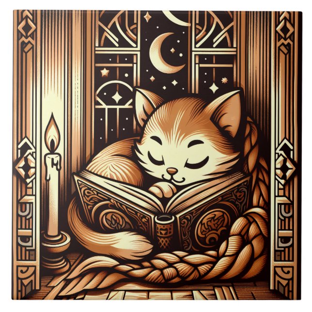 Sleeping Art Deco Style Cat With A Book Tile (Front)