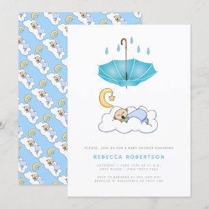 Sleeping baby boy shower blue umbrella invitation