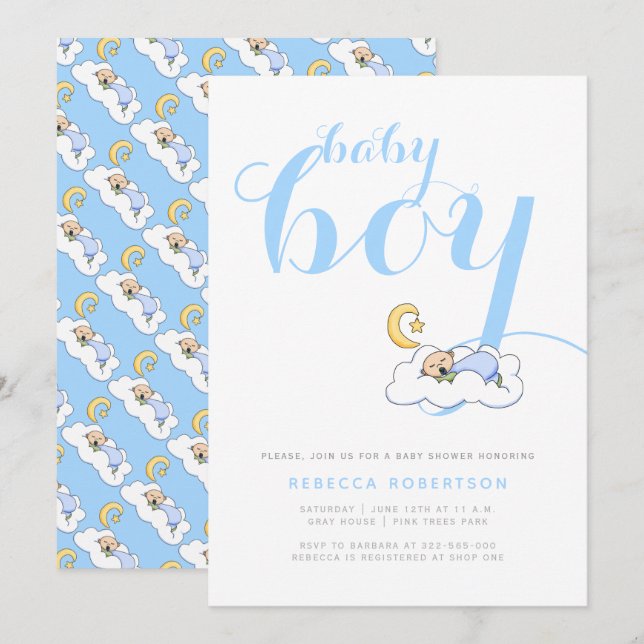 Sleeping baby boy shower elegant blue typography invitation (Front/Back)