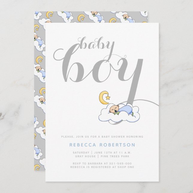 Sleeping baby boy shower elegant grey typography invitation (Front/Back)