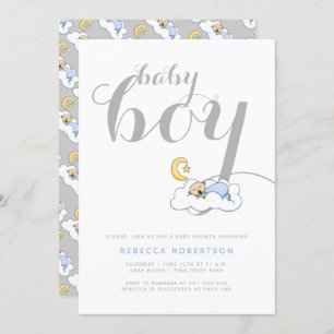 Sleeping baby boy shower elegant grey typography invitation