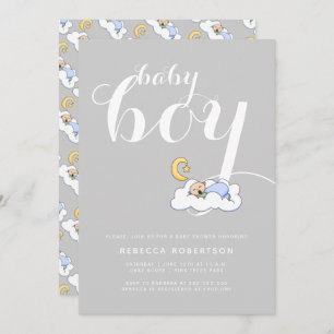Sleeping baby boy shower elegant grey typography invitation
