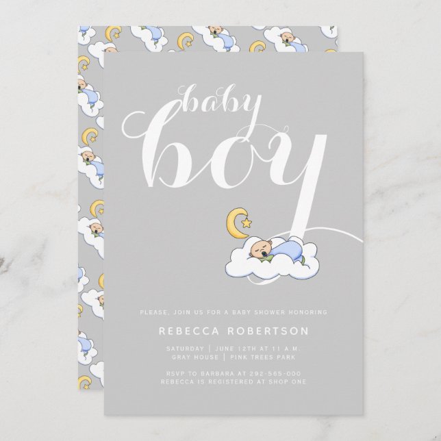 Sleeping baby boy shower elegant grey typography invitation (Front/Back)