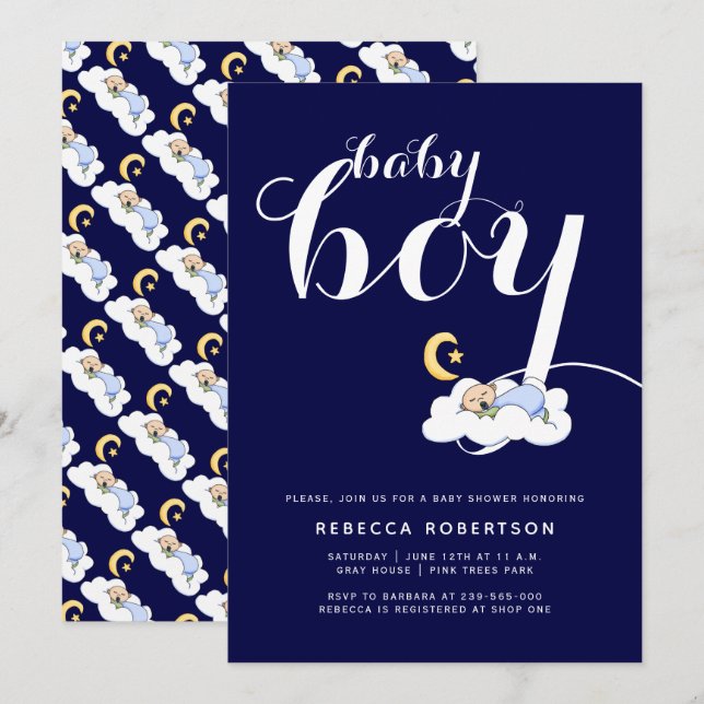 Sleeping baby boy shower navy blue typography invitation (Front/Back)