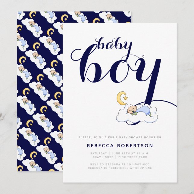 Sleeping baby boy shower navy blue typography invitation (Front/Back)