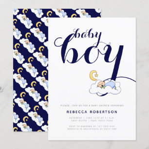 Sleeping baby boy shower navy blue typography invitation