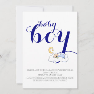 Sleeping baby boy shower navy blue, white text invitation