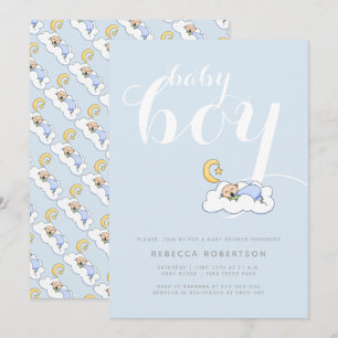Sleeping baby boy shower pale blue typography invitation
