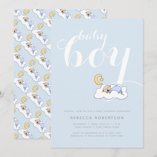 Sleeping baby boy shower pale blue typography invitation (Front/Back)