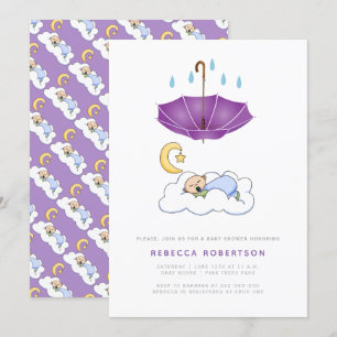 Sleeping baby boy shower purple umbrella cute invitation