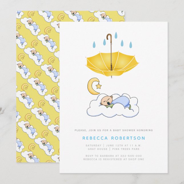 Sleeping baby boy shower yellow umbrella invitation (Front/Back)